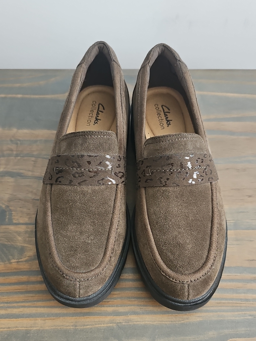 Clarks Women's Brown Suede Slip-On Loafers with Textured Strap